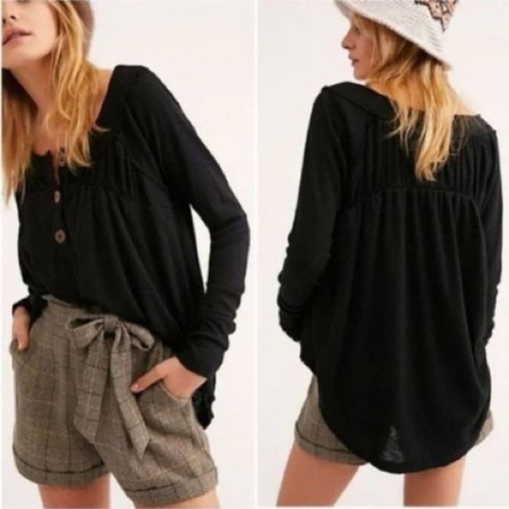 Free People Black Long Sleeve Button Front Top